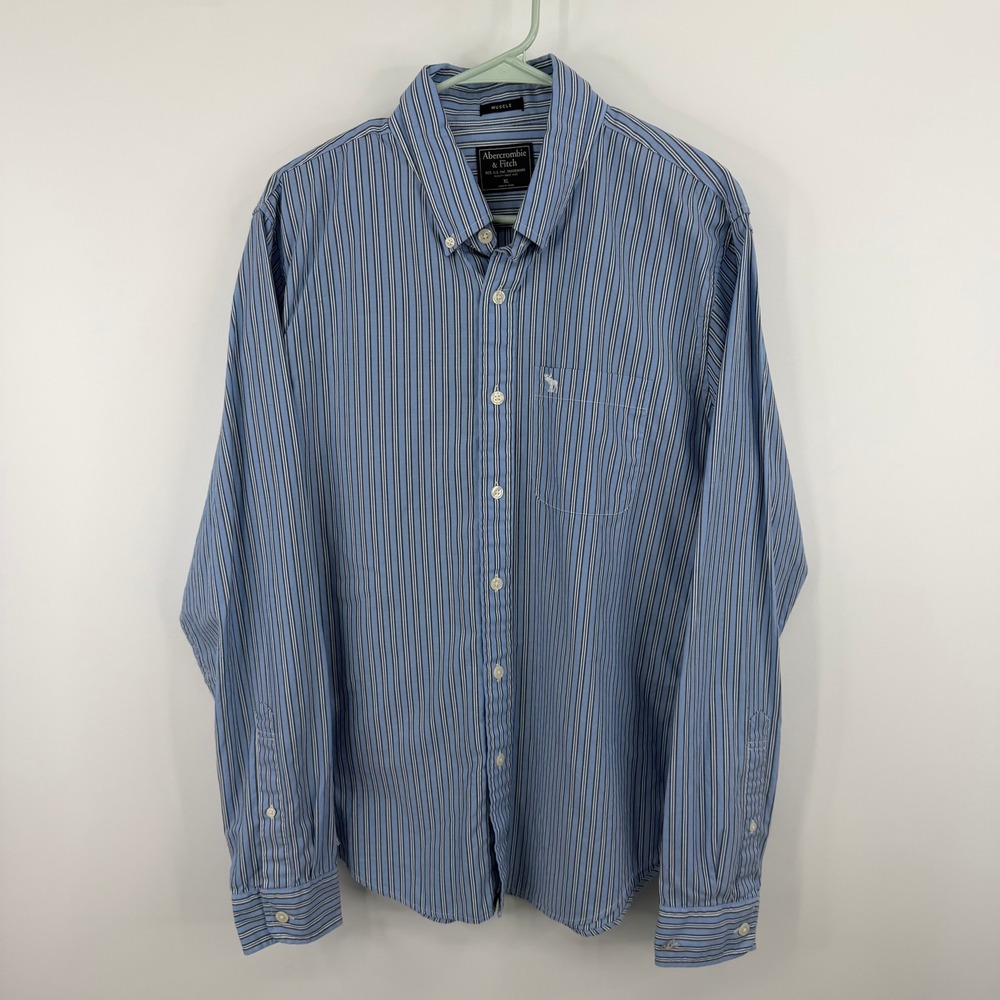 Abercrombie & Fitch‎ Button Down Mens XL Blue Striped Muscle Fit Preppy Ivy